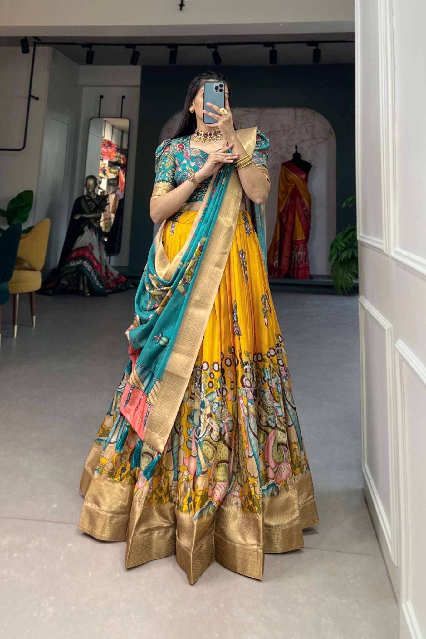 Kalamkari Printed Dola Silk Lehenga Choli