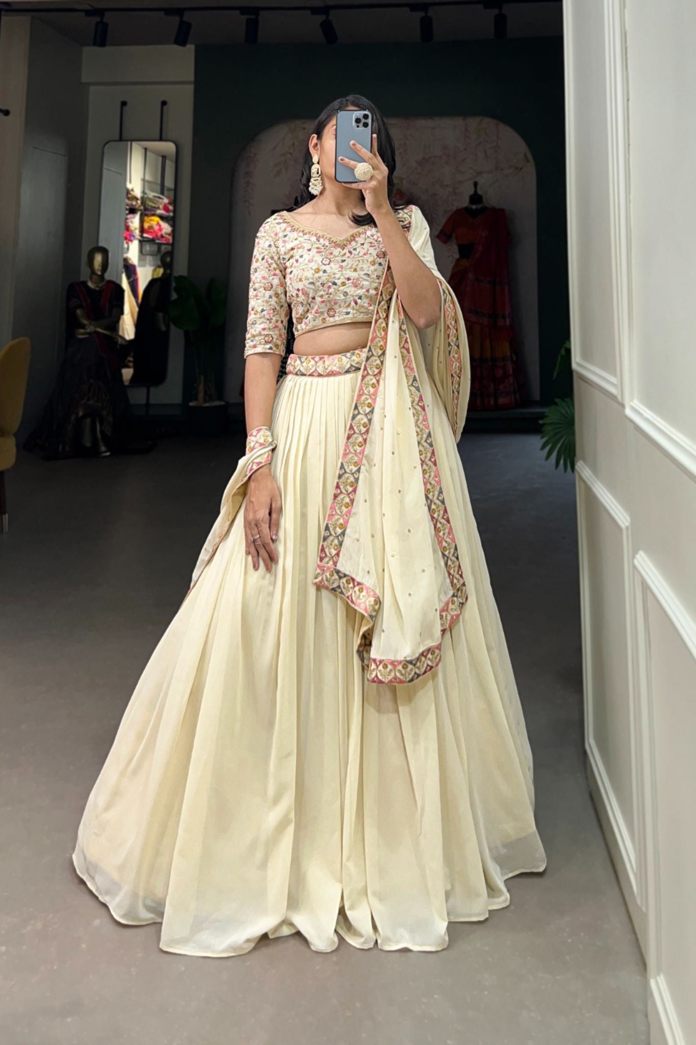 Off White Sequins Embroidery Work Lehenga Choli