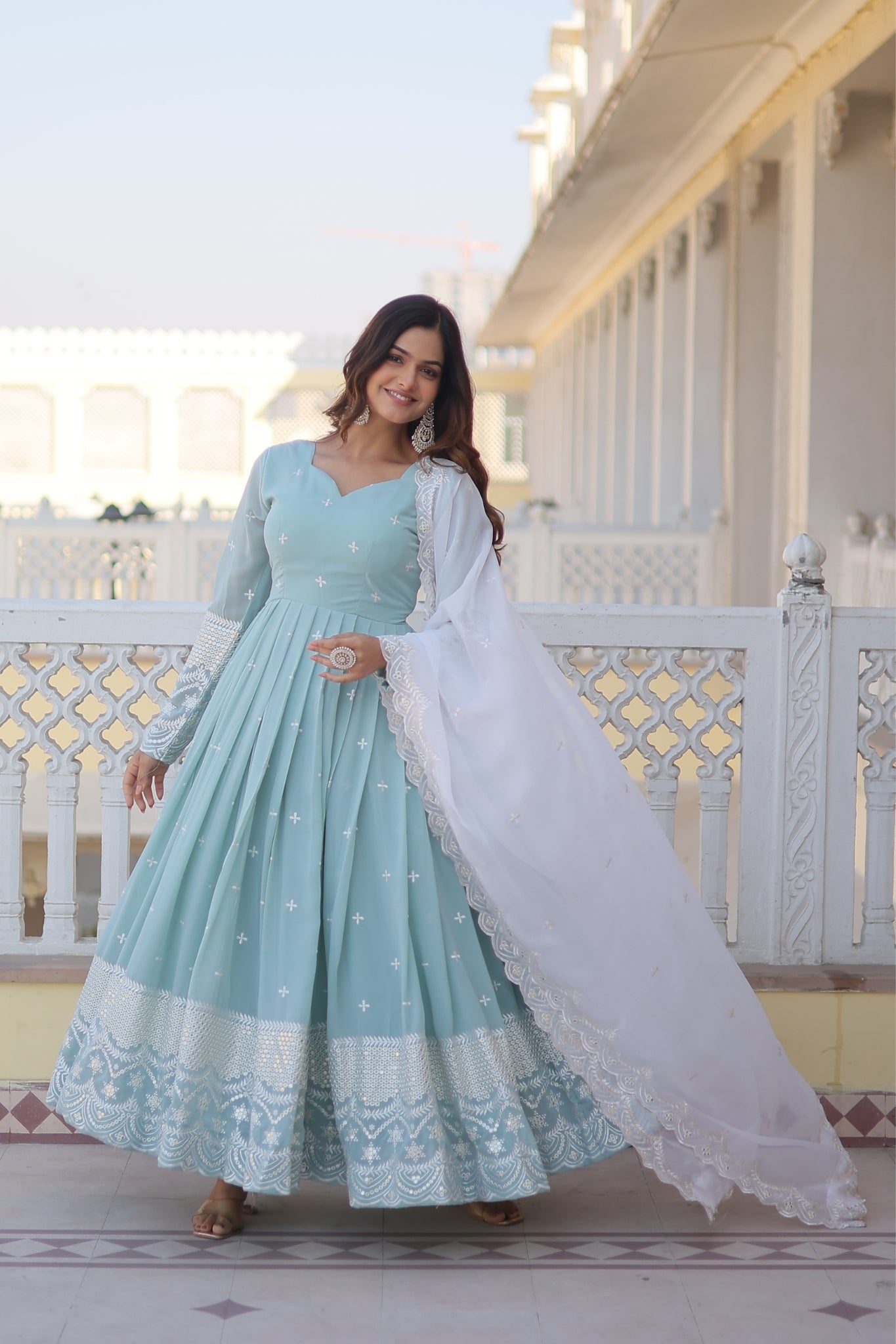 Georgette Sky Blue Designer Readymade Gown Collections