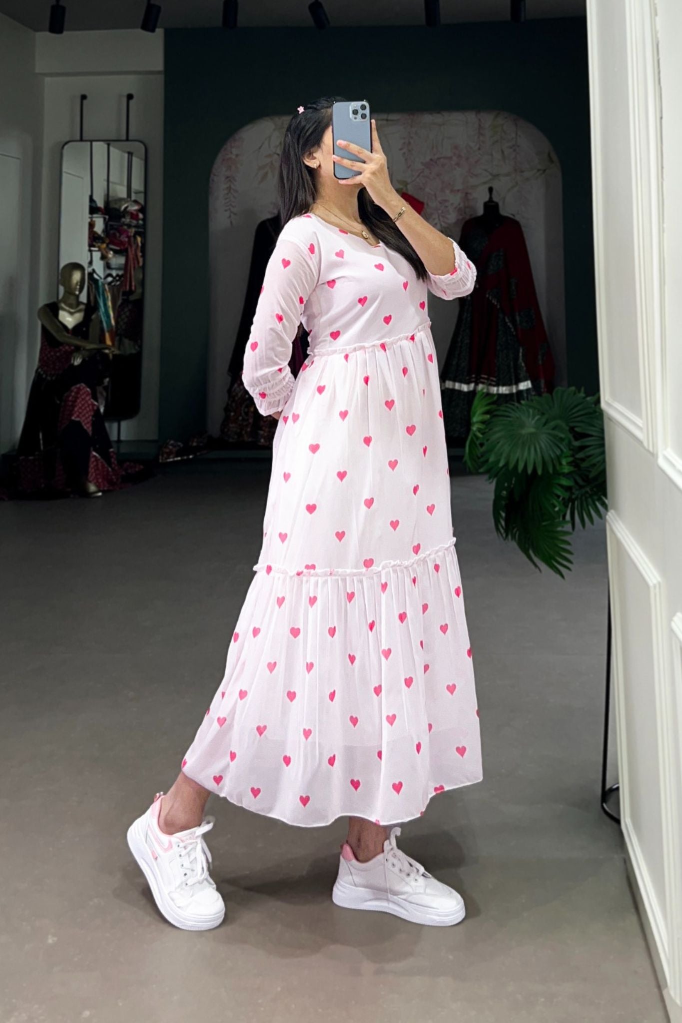 White Dress with Pink Heart Prints Casual V-Neck Tiered Long Dress