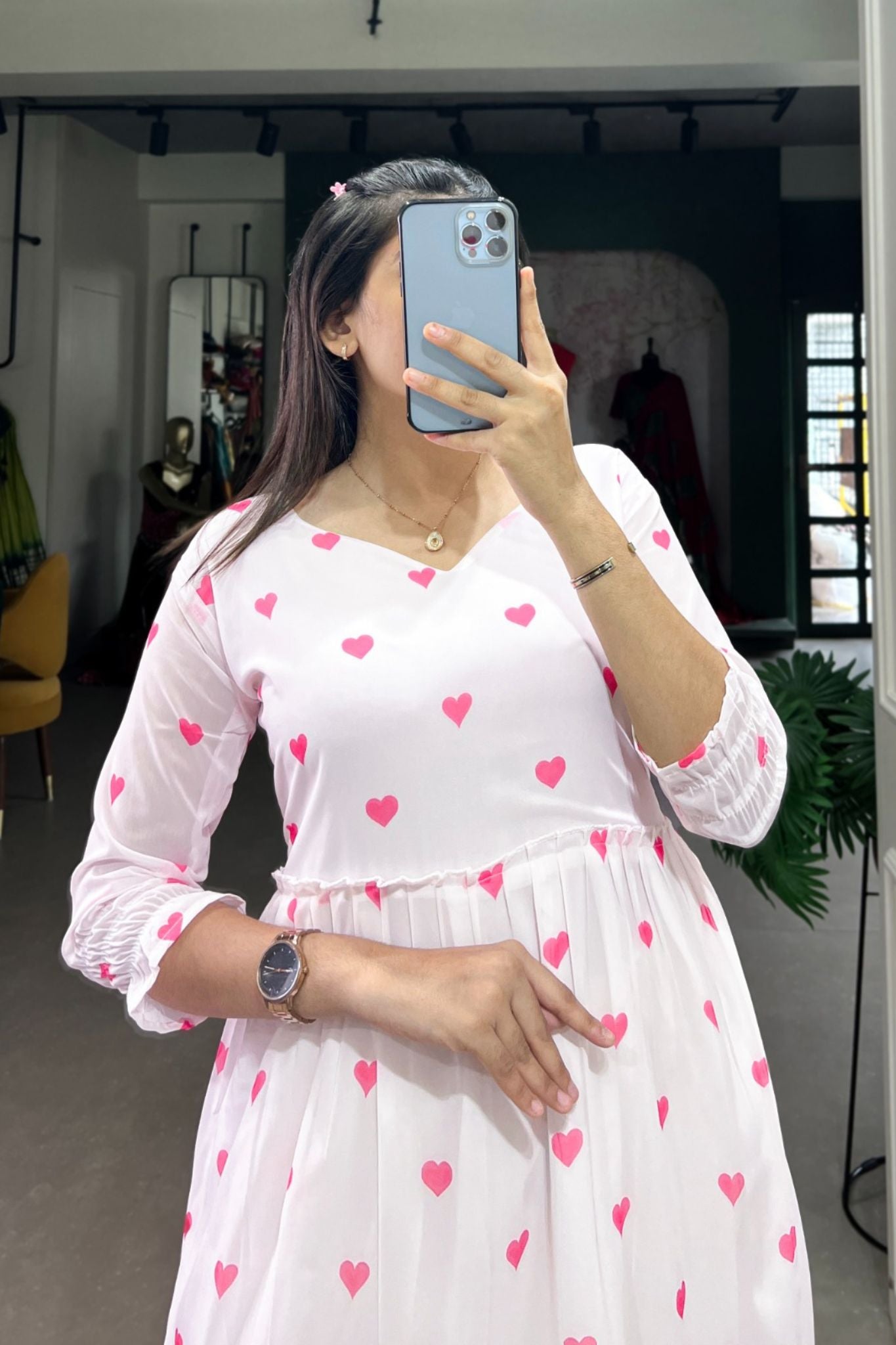 White Dress with Pink Heart Prints Casual V-Neck Tiered Long Dress