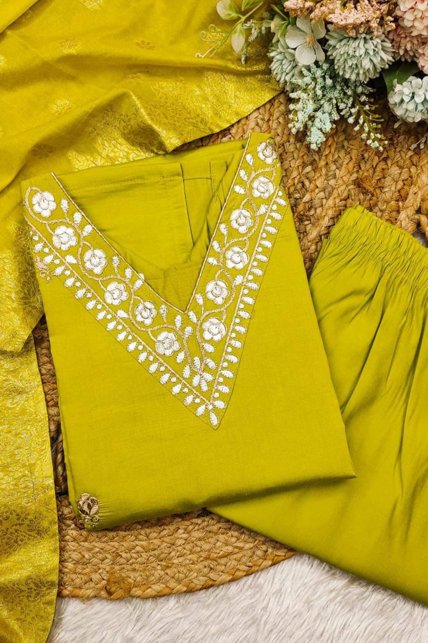 Lime-yellow Heavy Roman Silk Suit Set with Intricate Hand Embroidery & Zari Work