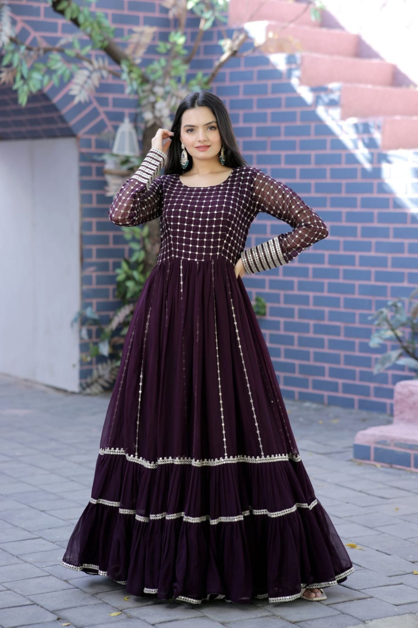 Faux Georgette Gown with Parallel Line designed Embroidered Work